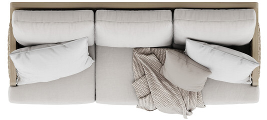 Beige Woven Sofa with Cushions and Blanket – Top View
