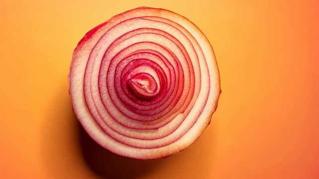 Red onion cut in half showing rings on orange-yellow gradient.