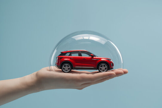 red toy car inside a bubble, held by hand. Perfect for car insurance advertisements or playful, creative design projects.	