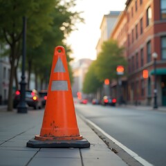Orange Traffic Cone on City Street Sidewalk at Dawn