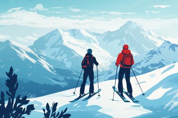 Couple Skiing in the Snowy Mountains: A Love for Ski in Winter Wonderland