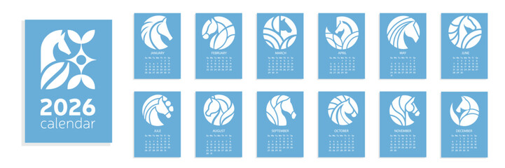 Calendar 2026 Year with Horse Silhouette. 2026 Horse Calendar A4. Week Start from Sunday.  Hand Drawn Vector art. 