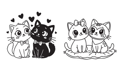 Set of Black White Cat with a Hearts in Doodle Style. Hand Drawn Vector Art. 