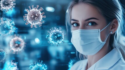 Covid 19 Office. Woman Doctor Treating Covid 19 with Futuristic Medical Interface