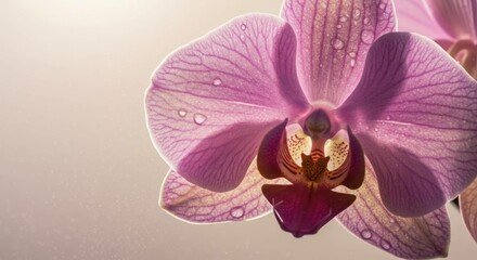 Fototapeta premium A delicate pink orchid in bloom with water droplets.