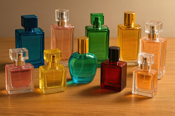 Generative AI: Assorted Perfume Bottles Arranged on Table Surface
