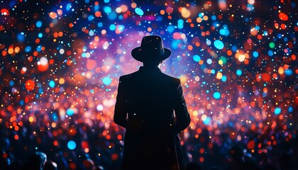 Silhouette of a Man Enjoying Music Festival with Blurry Lights and Crowd Background, Copy Space
