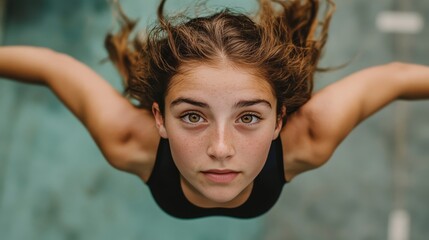 Confident Young Female Swimmer with Focused Expression, Preparing for a Dive into the Water.
