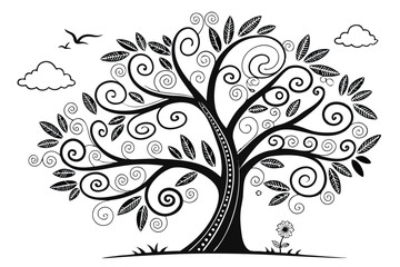 71 Whimsical tree illustration, black and white drawing, intricate circular patterns, decorative foliage, stylized clouds, abstract nature design, zentangle-inspired, playful doodle art, organic shape