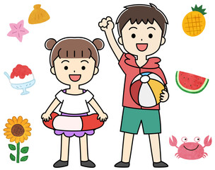 水着の子供たちの夏とアイコンイラスト
