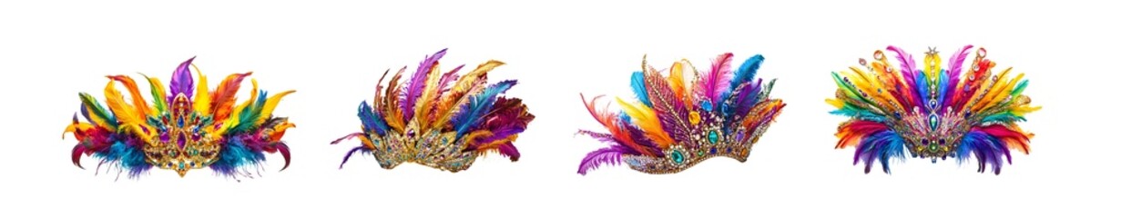Collection of colorful headdresses, adorned with various vibrant feathers, suitable for festivals or celebrations.