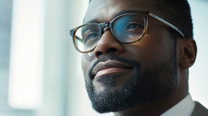Close-up portrait of thoughtful African American man wearing modern glasses with beard and professional appearance