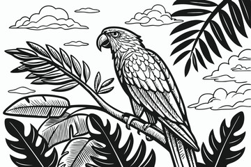 Obraz premium 72 Detailed pencil sketch, majestic parrot, tropical leaves, intricate feather detail, perched on branch, black and white illustration, realistic bird anatomy, jungle foliage, wispy clouds, fine line 