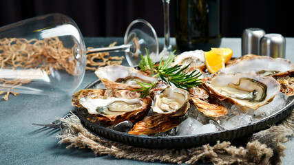 Fresh oysters with lemon on a plate. Healthy seafood. Dinner in restaurant. Gourmet food, side view.