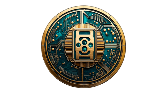 Gold blue circuit coin, electronic structure technology, cut out transparent