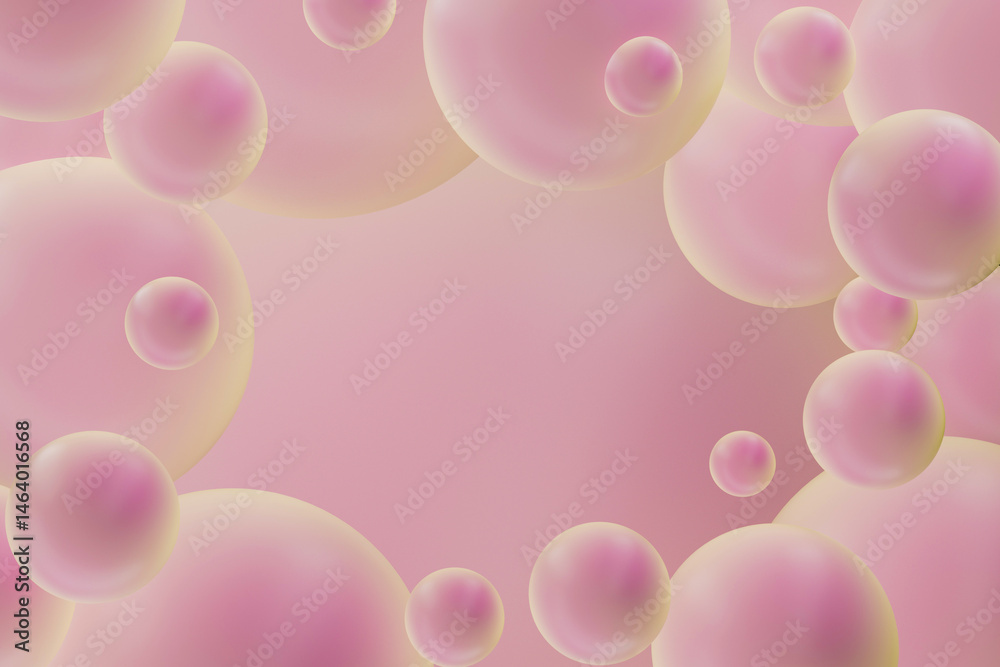 Poster Calm atmosphere with pink translucent spheres as frame with copy space for text and gentle curves in minimalist artistic background design. 3D rendering. Dreamy abstract pattern.