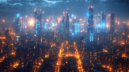 Fototapeta premium Futuristic Cityscape at Night: A Digital Metropolis Glowing with Neon Lights and Technological Advancement