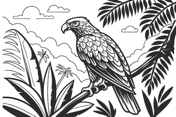 72 Detailed pencil sketch, majestic parrot, tropical leaves, intricate feather detail, perched on branch, black and white illustration, realistic bird anatomy, jungle foliage, wispy clouds, fine line 