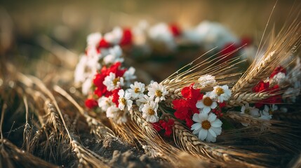 Traditional white-red-white floral wreath with wheat stalks, symbolizing Belarusian heritage and national pride under summer light.