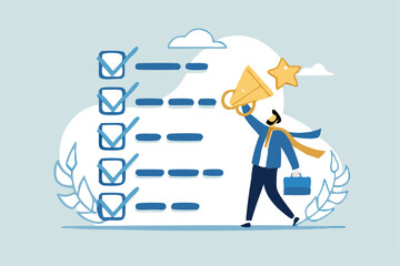Achievement Oriented Businessman Completes Checklist And Celebrates With Trophy