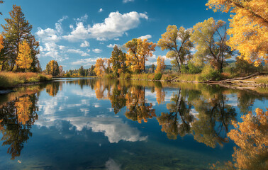 Fototapeta premium Serene lake reflecting trees and sky offers picturesque view, inspiring sense of calm and wonder in nature beauty truly tranquil scene
