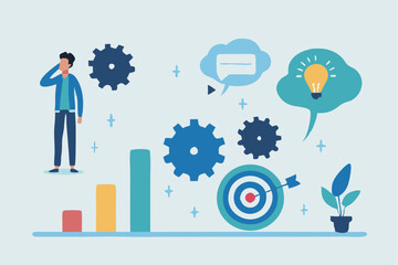 Business Strategy Concept With Gears Idea Bulb Target And Man Illustration