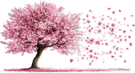 Pink cherry blossom tree with flying petals. Vector illustration for card decoration.
