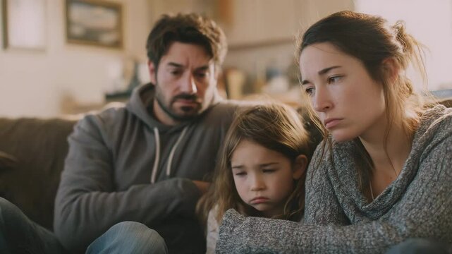Worried family with mother, father, and child sitting couch showing sadness and stress about bankruptcy and uncertain future together support