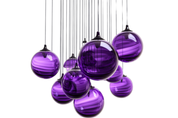 Collection of purple glass globes suspended by cords, cut out transparent