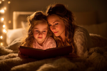 Mother reads bedtime story to daughter in cozy evening setting