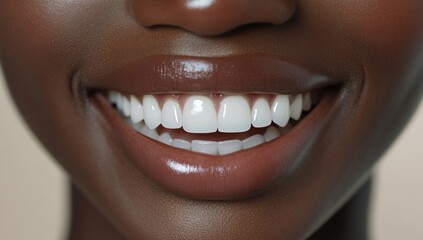 Close-up of a woman's smile  Perfect teeth,  glowing lips