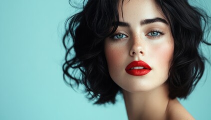 Fototapeta premium Woman with short curly hair and red lips