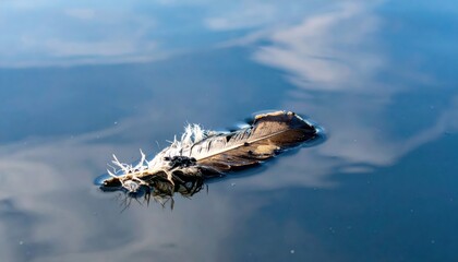 Feather floating on a calm water surface reflecting the sky, showcasing tranquility and natural beauty in a serene environment