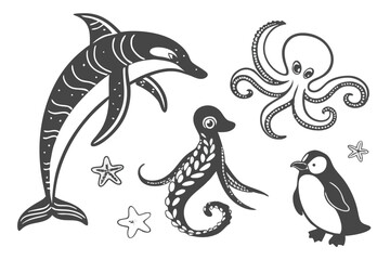 73 Black and white illustration, marine animals, stippled texture, simple shapes, dolphin, gecko, octopus, penguins, stylized creatures, minimalist design, tribal art style, nature-inspired, tattoo-li
