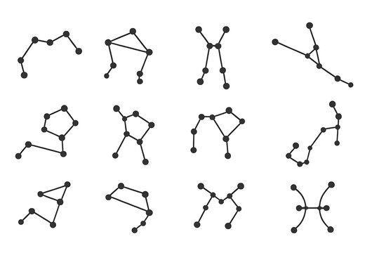 A grid of various geometric graphs or network structures, featuring different arrangements of nodes and edges. Concept Geometric Graphs, Network Structures, Node Arrangements, Edge Configurations