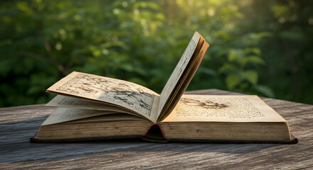 Photo Of Old Book Open On Wooden Table Outdoors With Sunlight