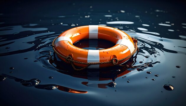 Orange lifebuoy floating on dark water, surrounded by ripples and droplets, symbolizing safety and rescue at sea