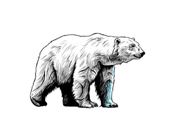 Stylized hand-drawn vector image of a polar bear in side profile with subtle shading and a hint of blue in the leg. Ideal for wildlife, ecology, and climate change projects.