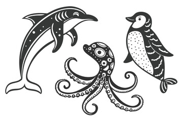 73 Black and white illustration, marine animals, stippled texture, simple shapes, dolphin, gecko, octopus, penguins, stylized creatures, minimalist design, tribal art style, nature-inspired, tattoo-li