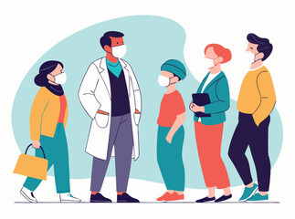 Group Of People Wearing Face Masks With Doctor Vector Illustration