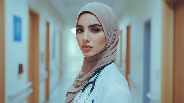 A serious female medical professional in a hospital hallway.