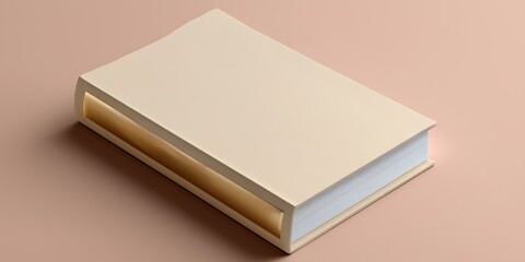 A book with a tan cover sits on a table. The book is open to a page with a white background