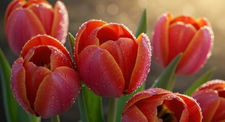 Close up of fresh red tulips with dew drops