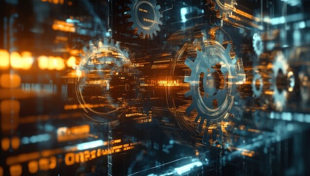 Abstract digital gears and binary code - Powered by Adobe