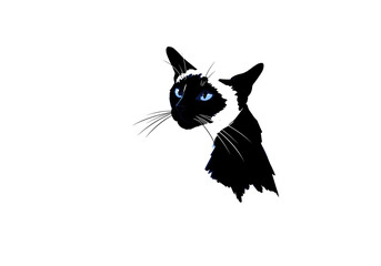 Obraz premium Stylized vector illustration of a Siamese cat with bright blue eyes. Simple black and white artwork, perfect for pet-themed designs, veterinary logos, or animal lovers’ merchandise.