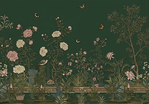 Dark Green Floral Wallpaper Design with Birds and Butterflies