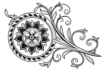 74 Intricate black and white floral design, symmetrical ornamental pattern, baroque style, ornate scrollwork, detailed line art, delicate curves, lotus-like central motif, wreath-inspired border, fili