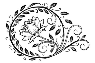 74 Intricate black and white floral design, symmetrical ornamental pattern, baroque style, ornate scrollwork, detailed line art, delicate curves, lotus-like central motif, wreath-inspired border, fili