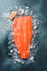 Whole fresh raw salmon fillet on ice. On stone background. Top view.