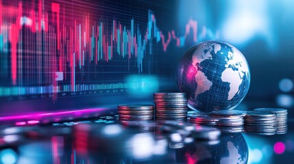 Global finance, market trends visualized with a globe on stacks of coins and a dynamic chart in background